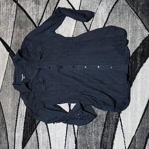 FASHION WEB BLACK FITTED 3/4 SLEEVES LACE BUTTON-DOWN BLOUSE